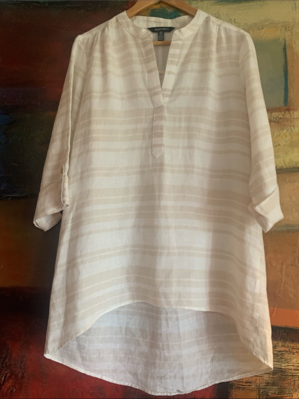 Ellen Tracy Linen Tunic Blouse – Tan & Cream, Sz M